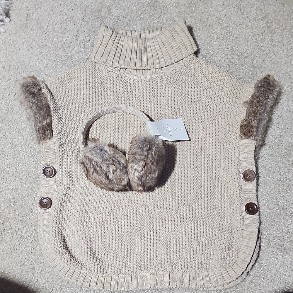 Cozy Knit Poncho with Faux Fur Earmuffs - Cream and Brown